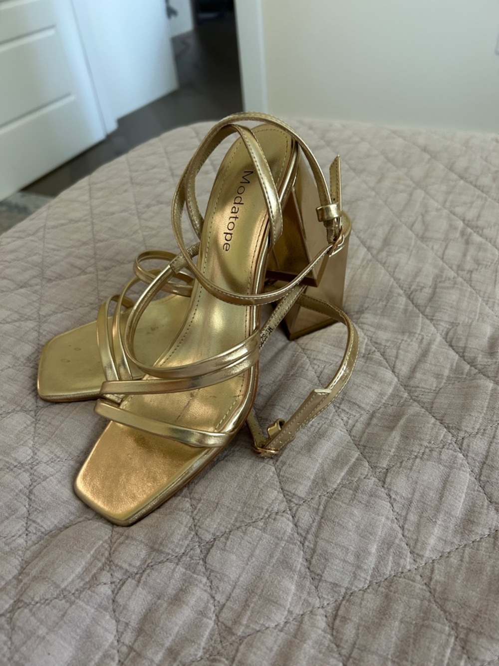 Modatope Metallic Gold Strappy Block Heel Sandals